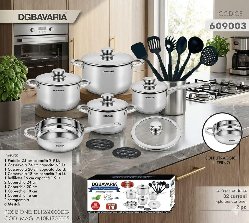 BATTERIA 18 PEZZI IN ACCIAIO INOX – ELEGANZA E QUALITÀ IN CUCINA