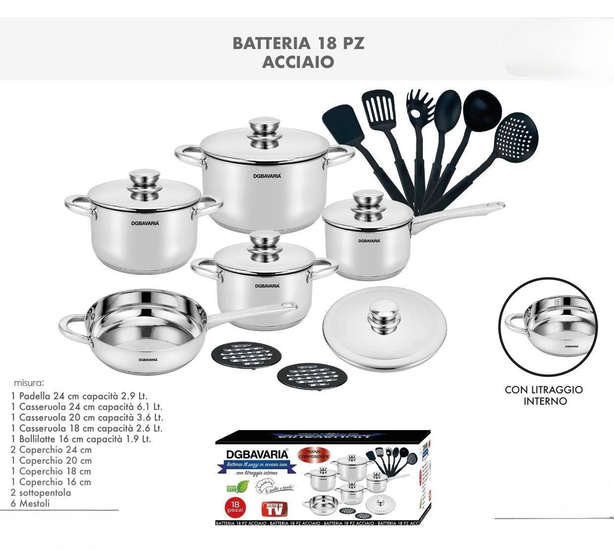 BATTERIA 18 PEZZI IN ACCIAIO INOX – ELEGANZA E QUALITÀ IN CUCINA