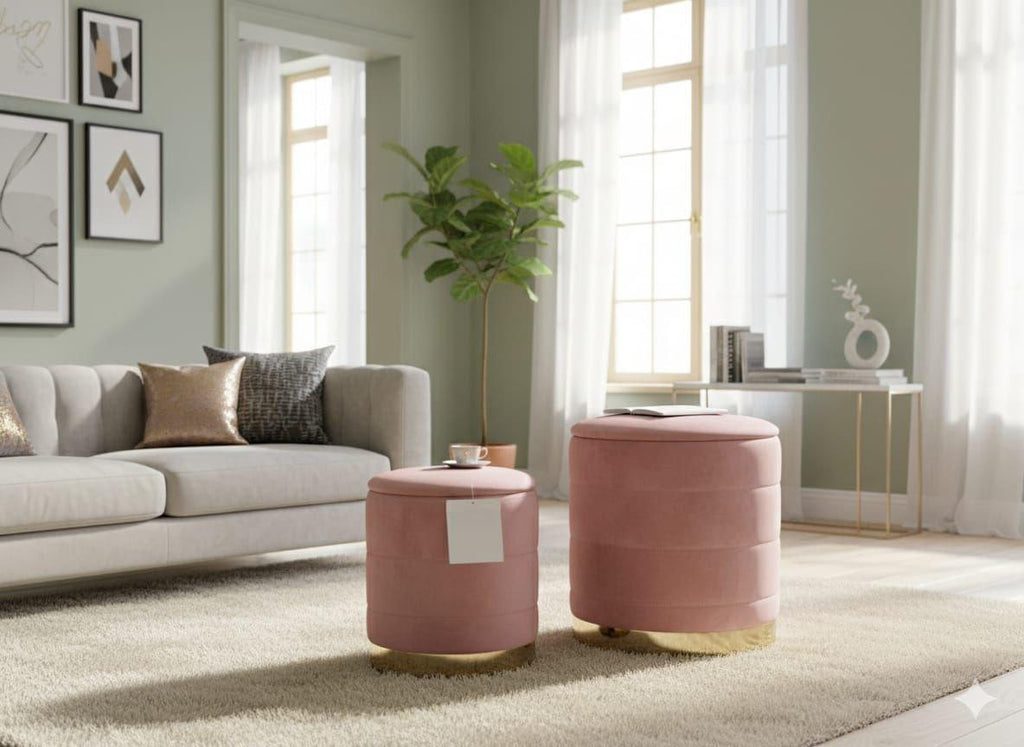 Pouf in Velluto Morbido 2 Pezzi – Con Fascia Oro di Design