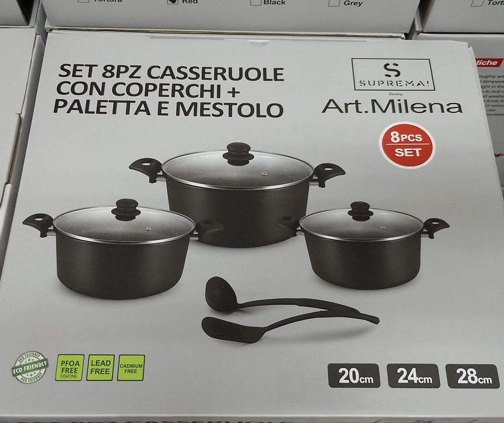 Set 8 Pezzi Casseruole con Coperchi + Paletta e Mestolo – Super Completo