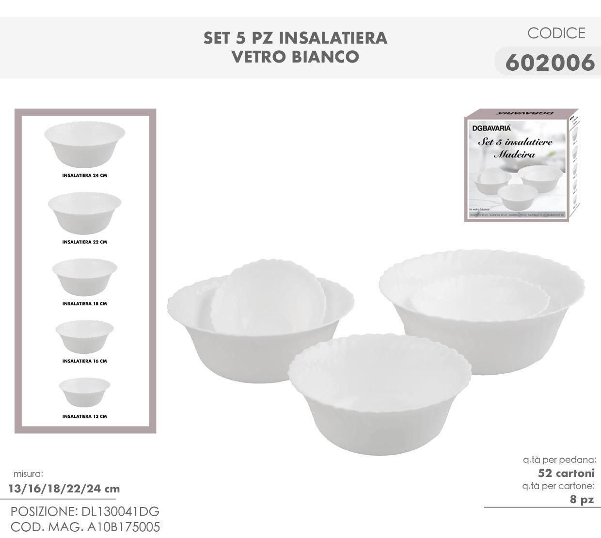 Set 5 Insalatiere in Vetro Bianco – Eleganza e Praticità per la Tua Tavola