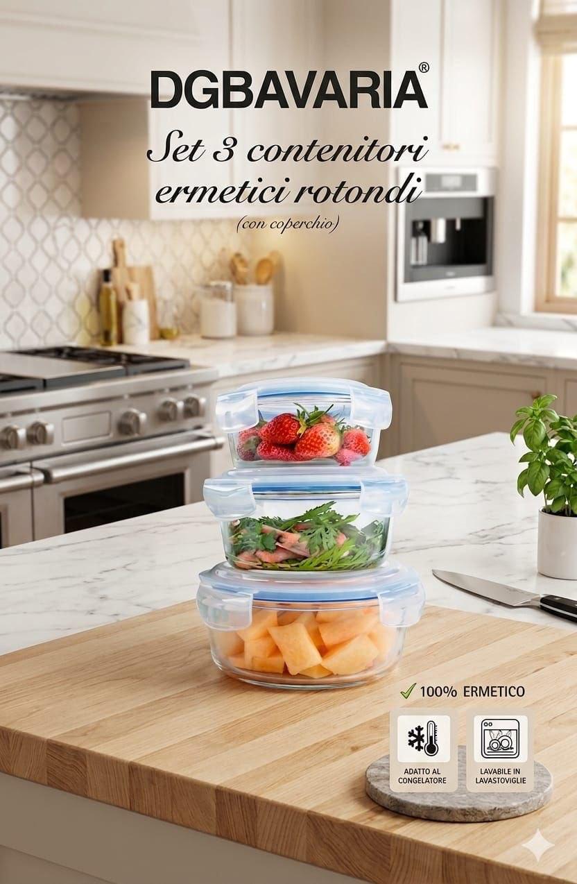 Set 3 Contenitori Rotondi con Coperchio Ermetico – Freschezza e Ordine in Cucina