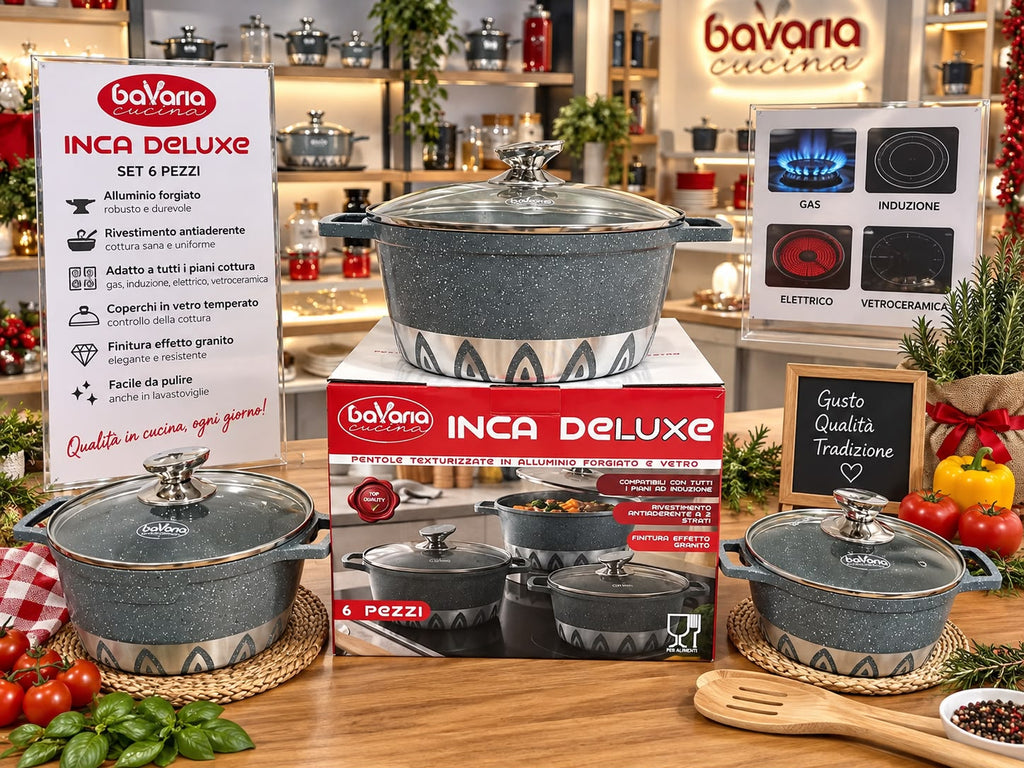 Set Pentole 6 Pezzi Bavaria Inca Deluxe in Alluminio Forgiato Antiadderente Effetto Pietra – Fondo Induzione con Coperchi in Vetro (Disponibile in Grigio e Nero)