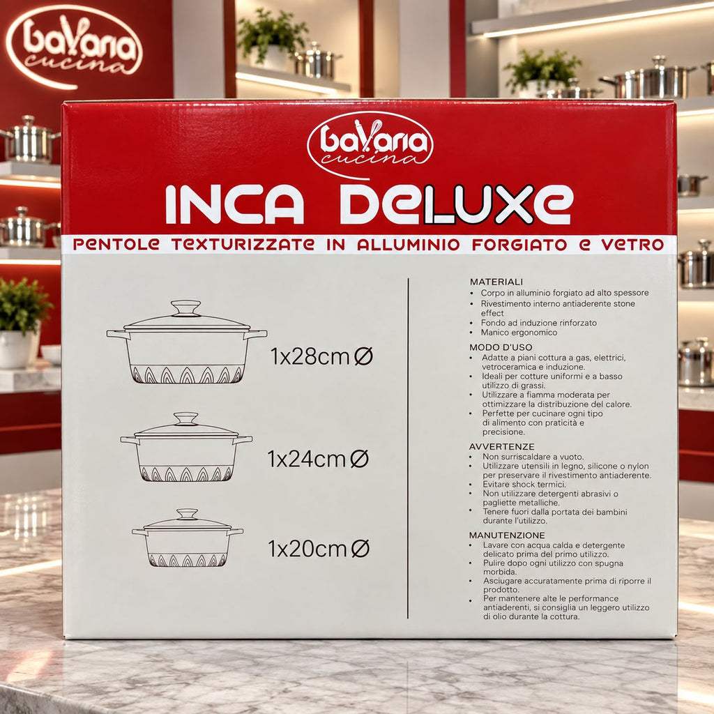Set Pentole 6 Pezzi Bavaria Inca Deluxe in Alluminio Forgiato Antiadderente Effetto Pietra – Fondo Induzione con Coperchi in Vetro (Disponibile in Grigio e Nero)