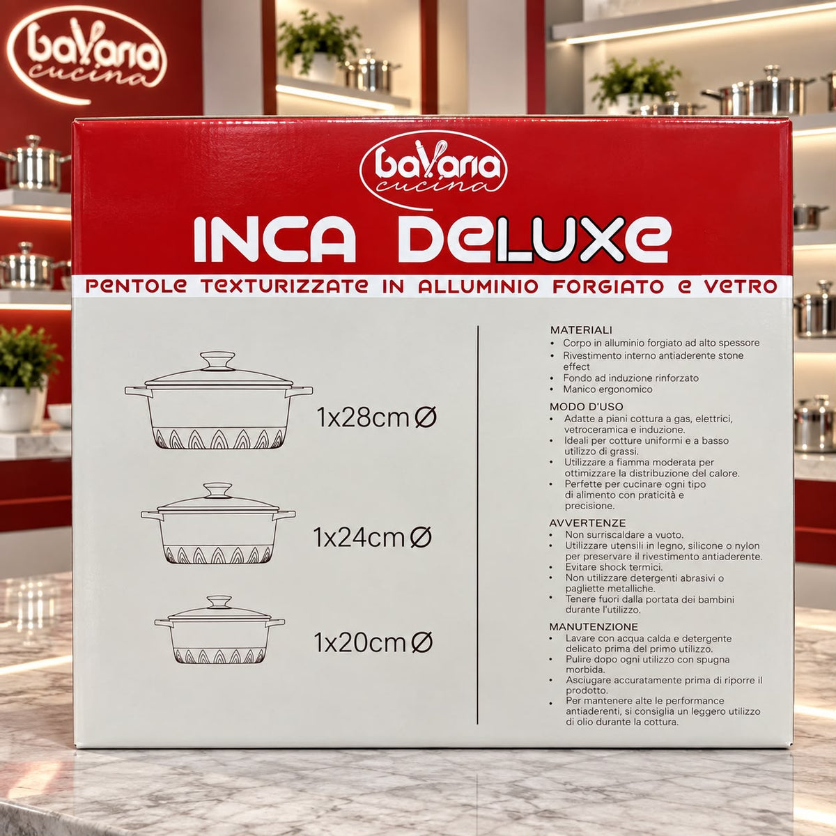 Set Pentole 6 Pezzi Bavaria Inca Deluxe in Alluminio Forgiato Antiadderente Effetto Pietra – Fondo Induzione con Coperchi in Vetro (Disponibile in Grigio e Nero)