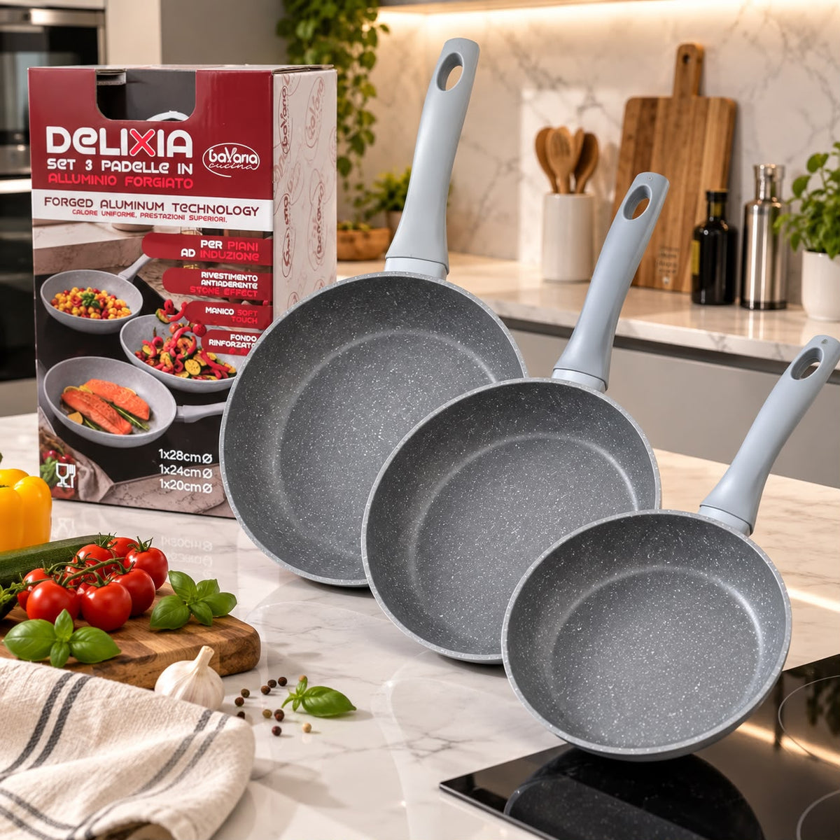 Set 3 Padelle Antiaderenti Delixia Bavaria in Alluminio Forgiato 4 mm Effetto Pietra – Fondo Induzione e Manico Soft Touch (Nero / Grigio)