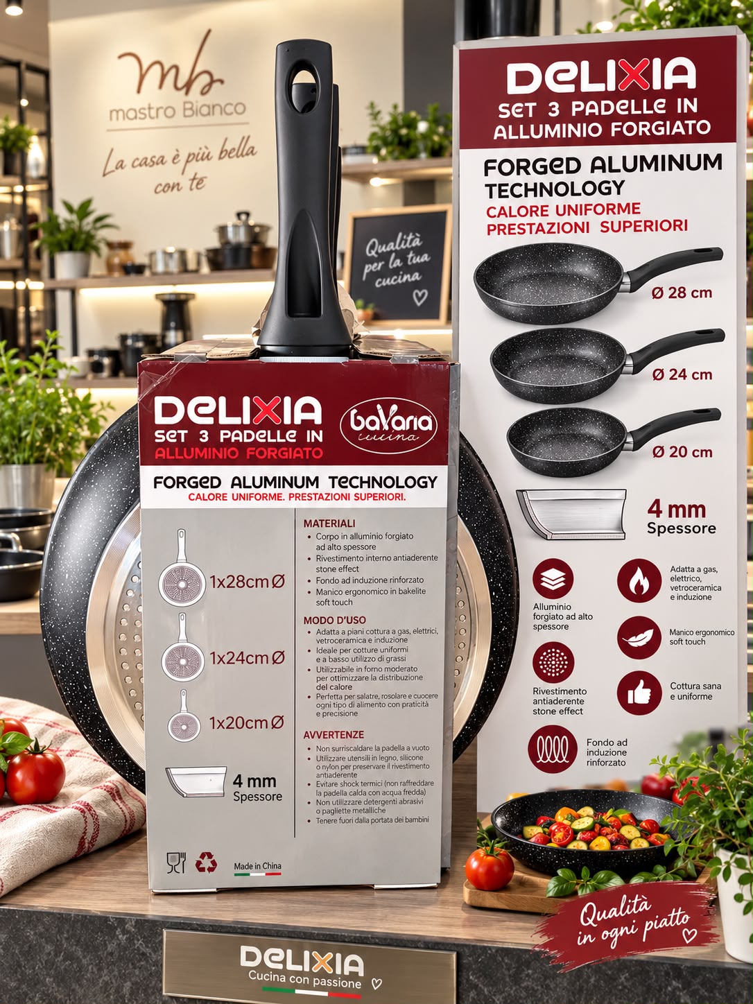 Set 3 Padelle Antiaderenti Delixia Bavaria in Alluminio Forgiato 4 mm Effetto Pietra – Fondo Induzione e Manico Soft Touch (Nero / Grigio)