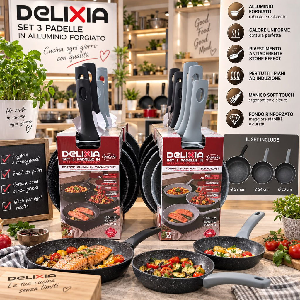 Set 3 Padelle Antiaderenti Delixia Bavaria in Alluminio Forgiato 4 mm Effetto Pietra – Fondo Induzione e Manico Soft Touch (Nero / Grigio)