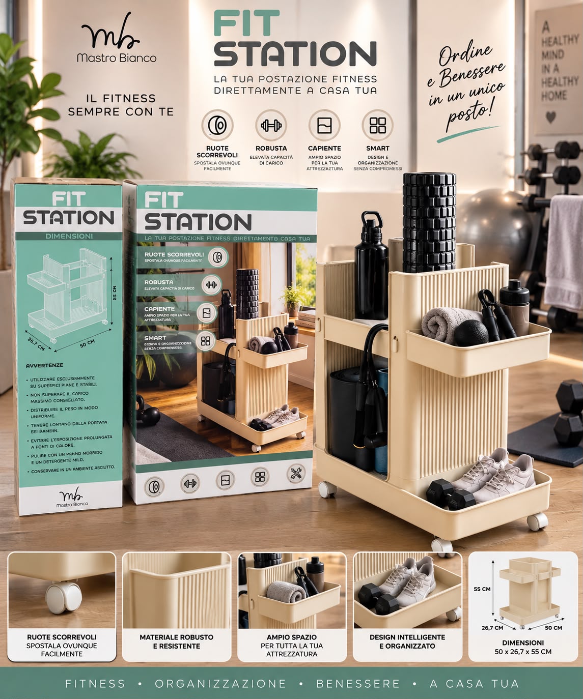 Carrello Salvaspazio Portaoggetti Multiuso con Ruote Girevoli a 360° Fit Station in ABS e Struttura Metallica (Disponibile in Bianco e Nero)