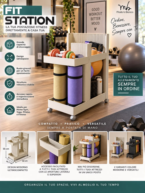 Carrello Salvaspazio Portaoggetti Multiuso con Ruote Girevoli a 360° Fit Station in ABS e Struttura Metallica (Disponibile in Bianco e Nero)