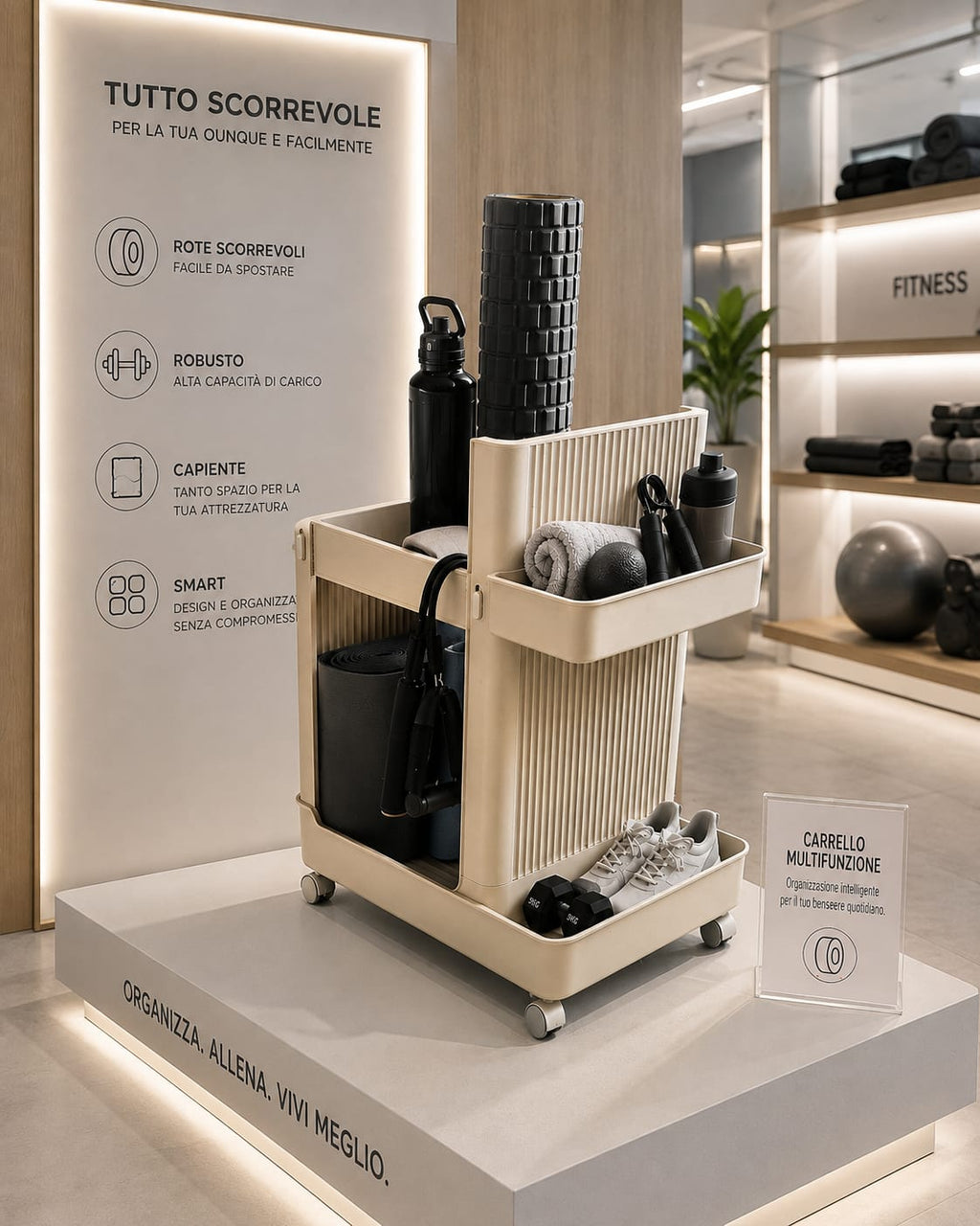 Carrello Salvaspazio Portaoggetti Multiuso con Ruote Girevoli a 360° Fit Station in ABS e Struttura Metallica (Disponibile in Bianco e Nero)