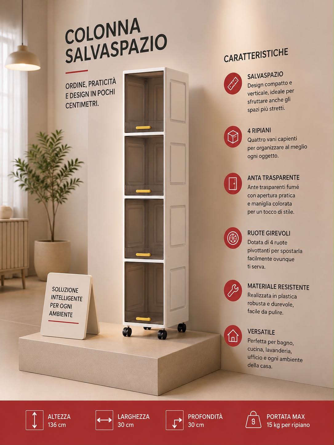 Colonna Salvaspazio Verticale Kuadra Mastro Bianco 4 Ripiani con Ante Trasparenti e Ruote Girevoli – Carrello Organizzatore Slim per Bagno, Cucina e Lavanderia
