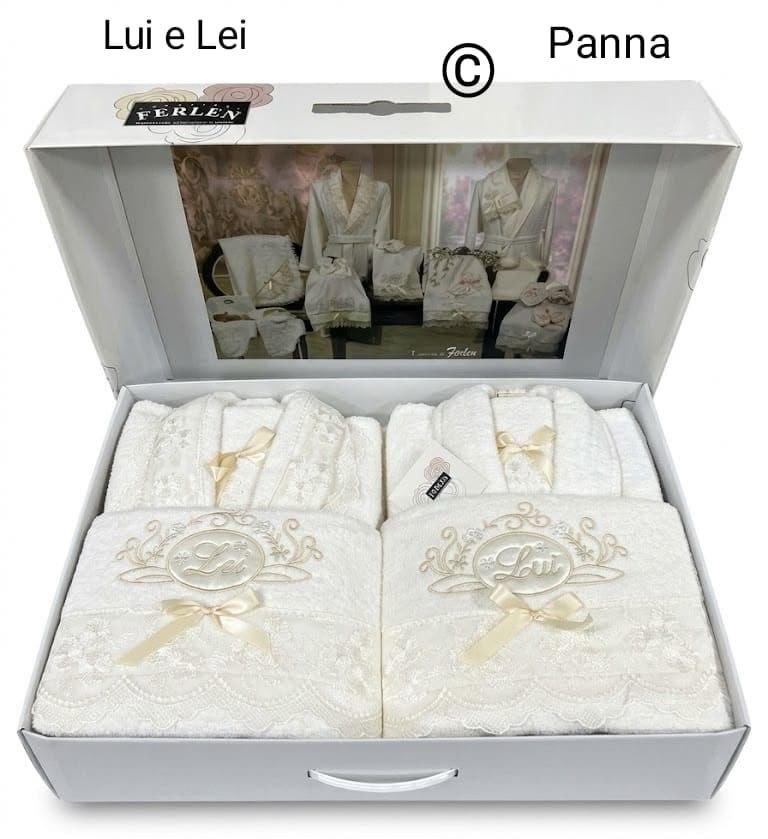 Set Bagno 8 Pezzi Coppia Accappatoi e Asciugamani Ferlen Made in Italy in Spugna 100% Cotone con Balza in Pizzo – Corredo Bagno Elegante in Scatola Regalo