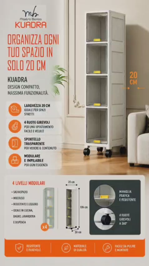 Colonna Salvaspazio Verticale Kuadra Mastro Bianco 4 Ripiani con Ante Trasparenti e Ruote Girevoli – Carrello Organizzatore Slim per Bagno, Cucina e Lavanderia